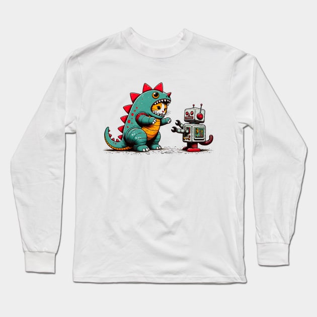 Funny Catzilla vs. Robot Cat Humor T-Shirt and Sweatshirt Long Sleeve T-Shirt by Klimek Prints